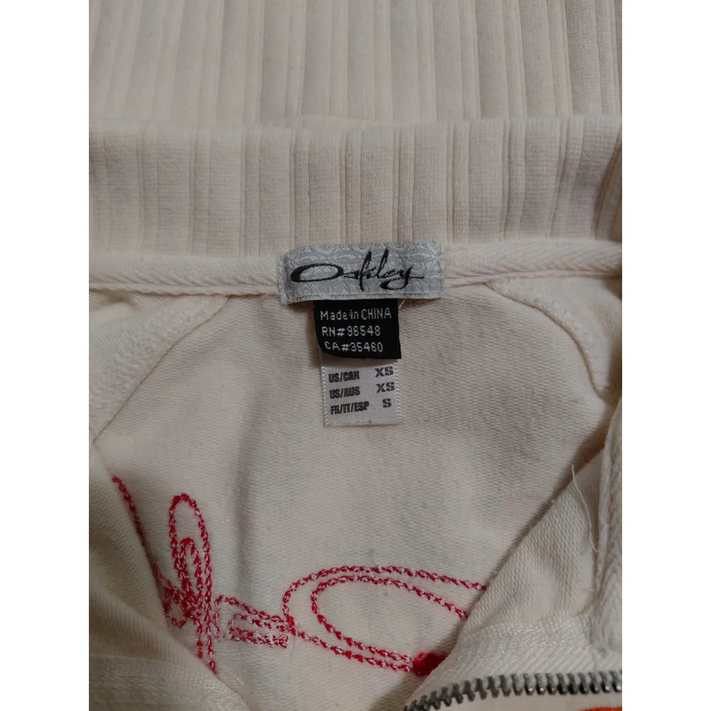 Oakley Woman’s Vintage Zip Up Size XS Cream Orange Tropical Floral Embroidery